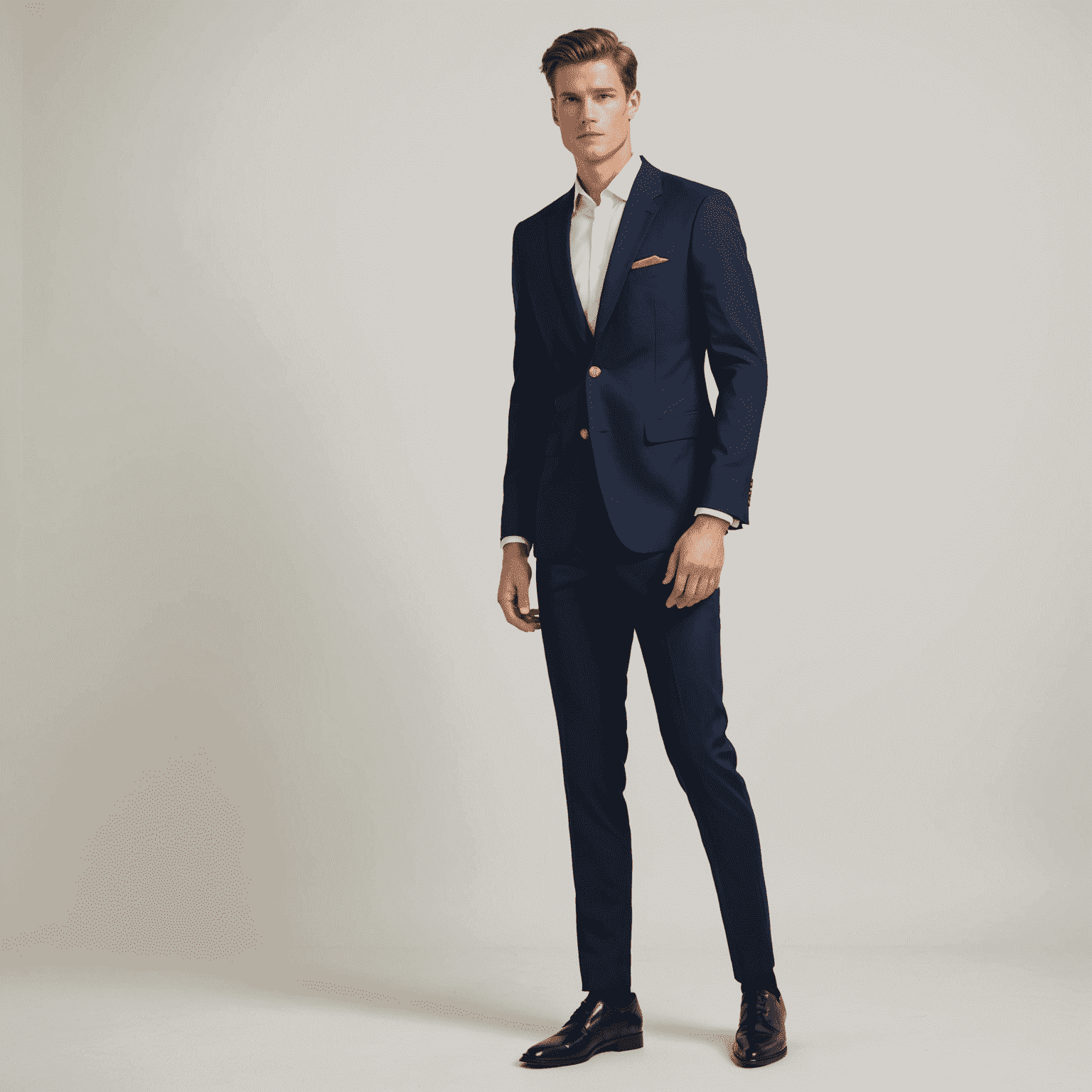 A model wearing a sleek, navy blue designer suit with gold accents, standing in front of a minimalist white backdrop