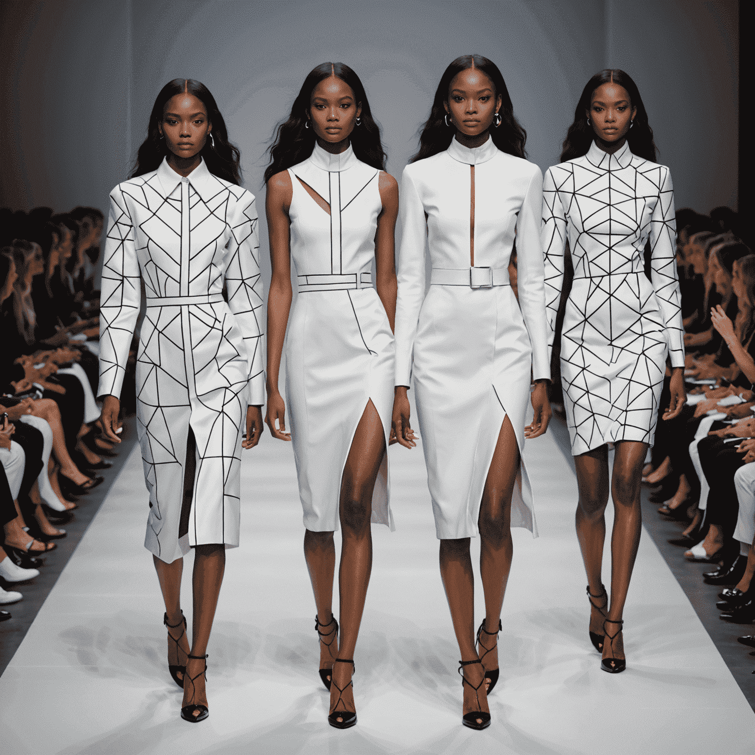 Models walking on a sleek, minimalist runway showcasing avant-garde designs with bold geometric patterns and luxurious fabrics