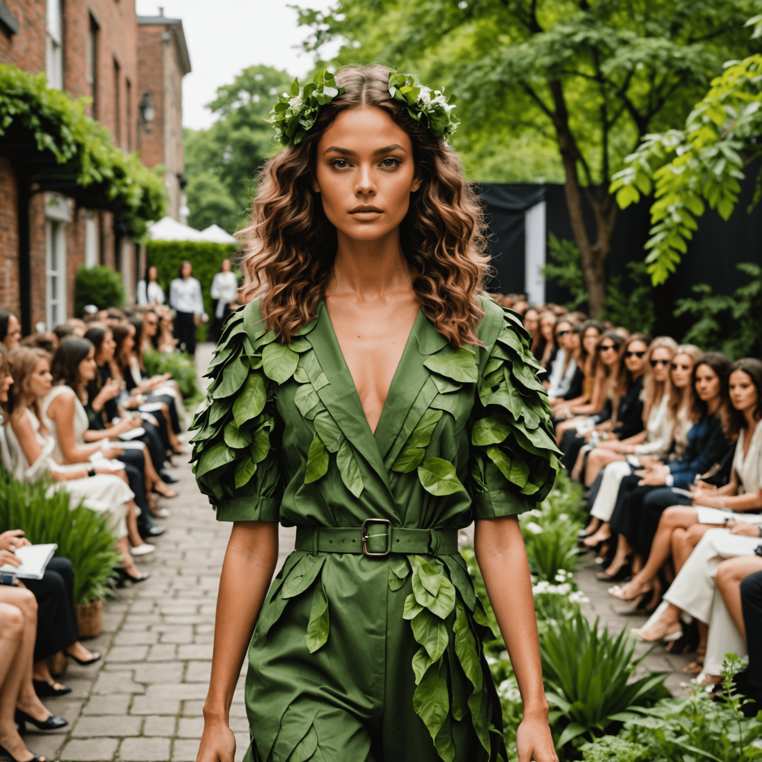 A stunning eco-friendly runway show featuring models wearing luxurious, sustainable designer clothes made from recycled materials. The backdrop is an urban garden, emphasizing the fusion of nature and high fashion.