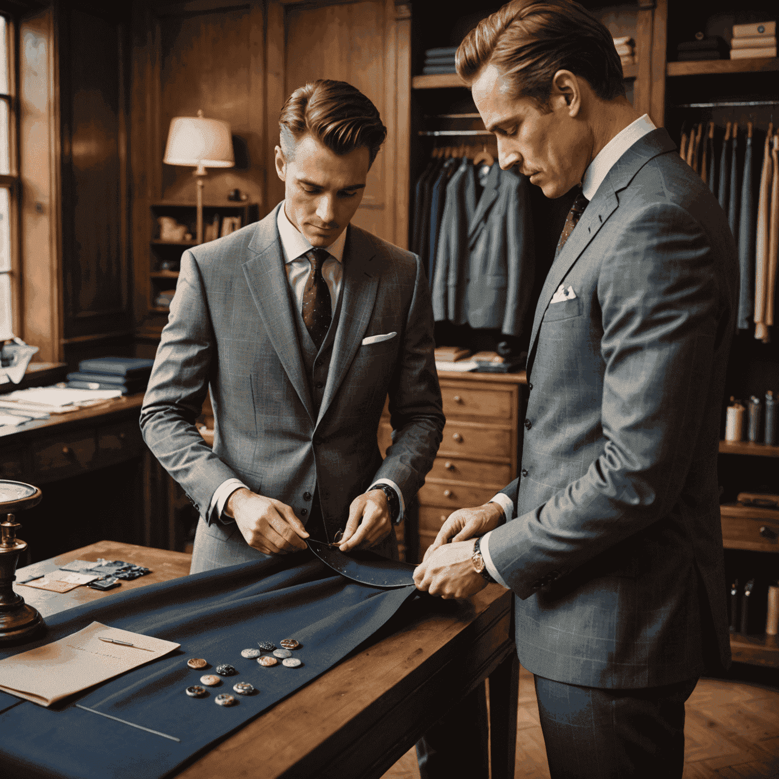 A tailor measuring a client for a bespoke suit, with pins, fabric swatches, and a measuring tape visible. The scene exudes luxury and precision.