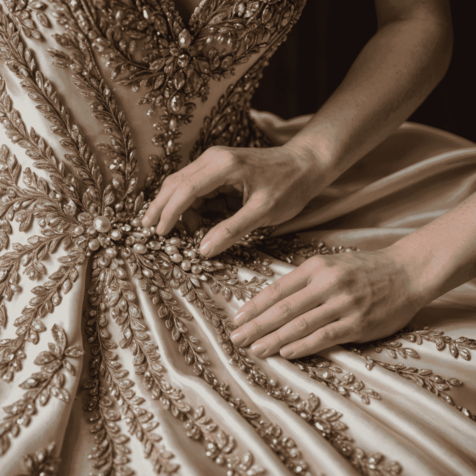 A close-up of hands gently cleaning a luxurious silk gown, showcasing the intricate beadwork and delicate fabric. The image emphasizes the careful, precise nature of high-end garment care.