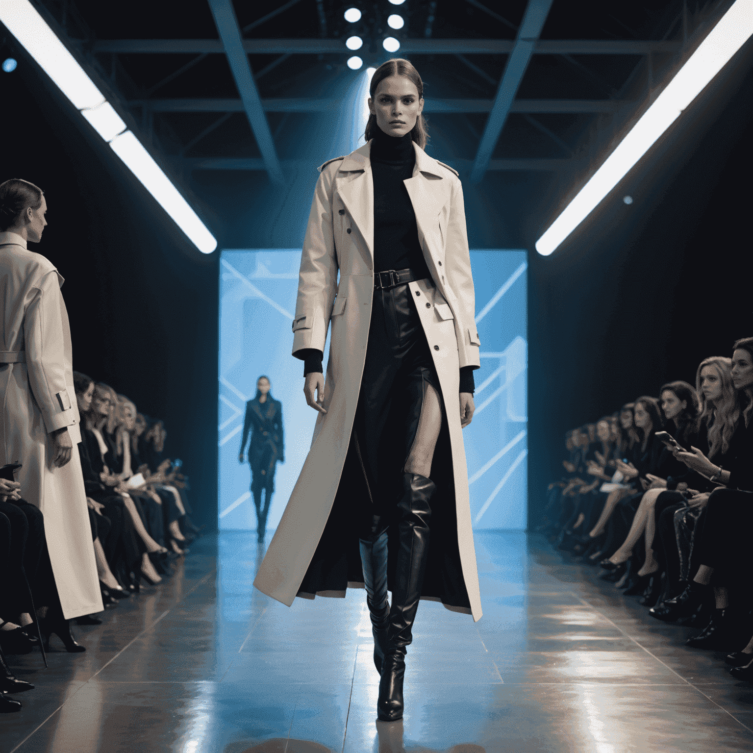 Fashion model walking on a sleek runway, showcasing avant-garde designer clothes with dramatic lighting and futuristic backdrop