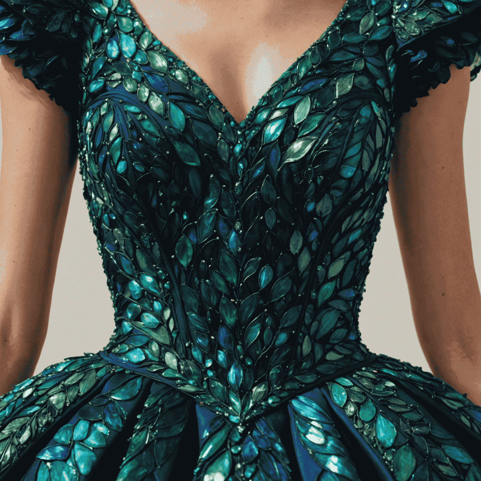 A close-up of a GreenGlam gown, showing intricate detailing made from recycled ocean plastics. The dress shimmers in deep blue and emerald tones, resembling the ocean's surface.