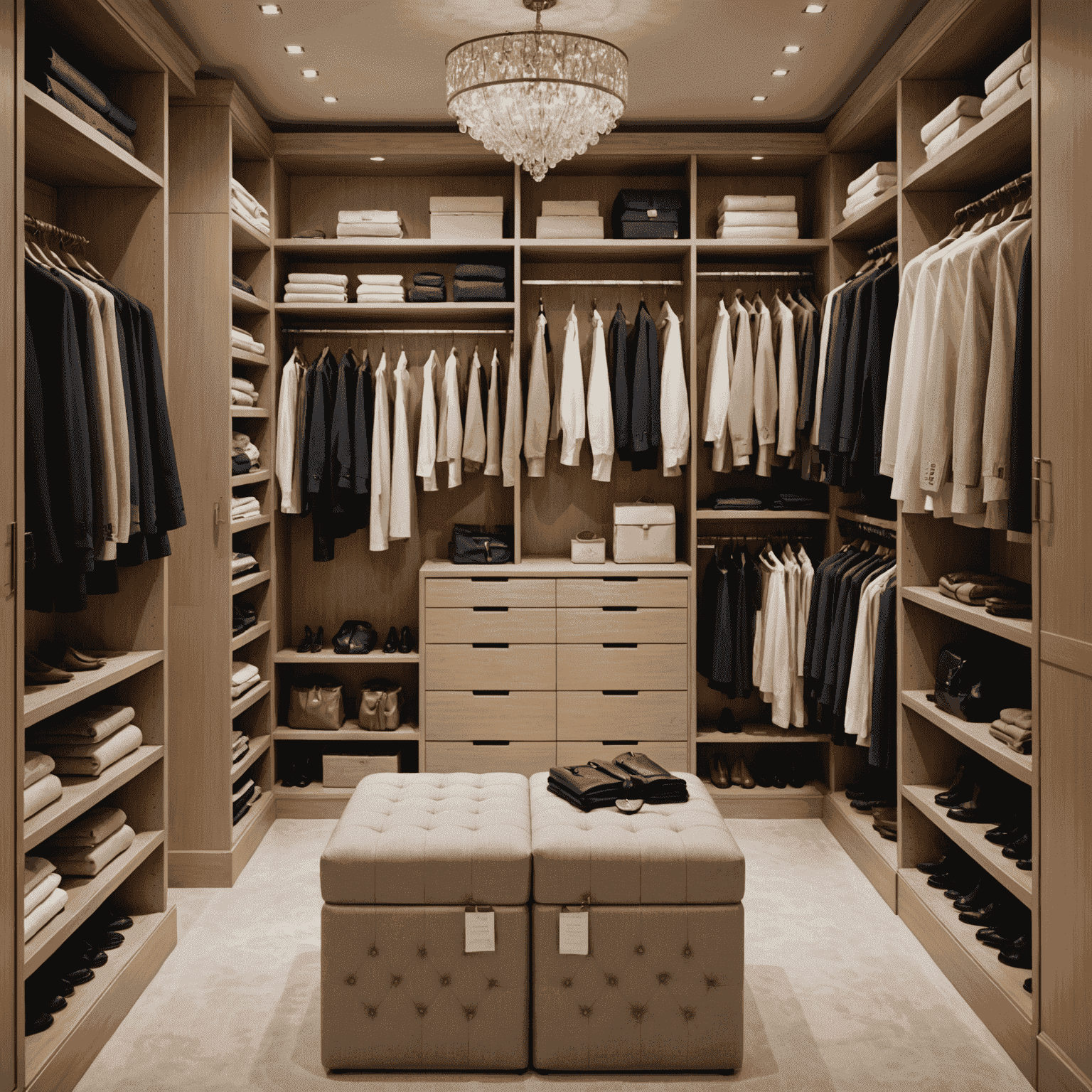 An elegant walk-in closet showcasing perfectly preserved designer clothes. The image displays various preservation techniques such as acid-free tissue wrapping, padded hangers, and protective garment bags, all within a climate-controlled environment.