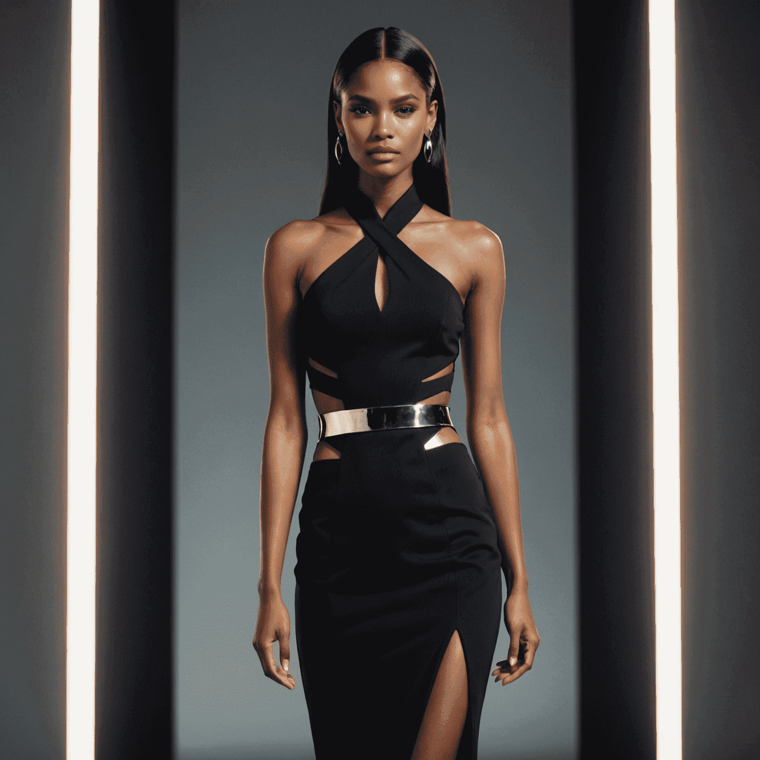 A striking ensemble featuring a sleek black dress with strategic cut-outs and metallic silver accessories, worn by a model in a dramatically lit setting