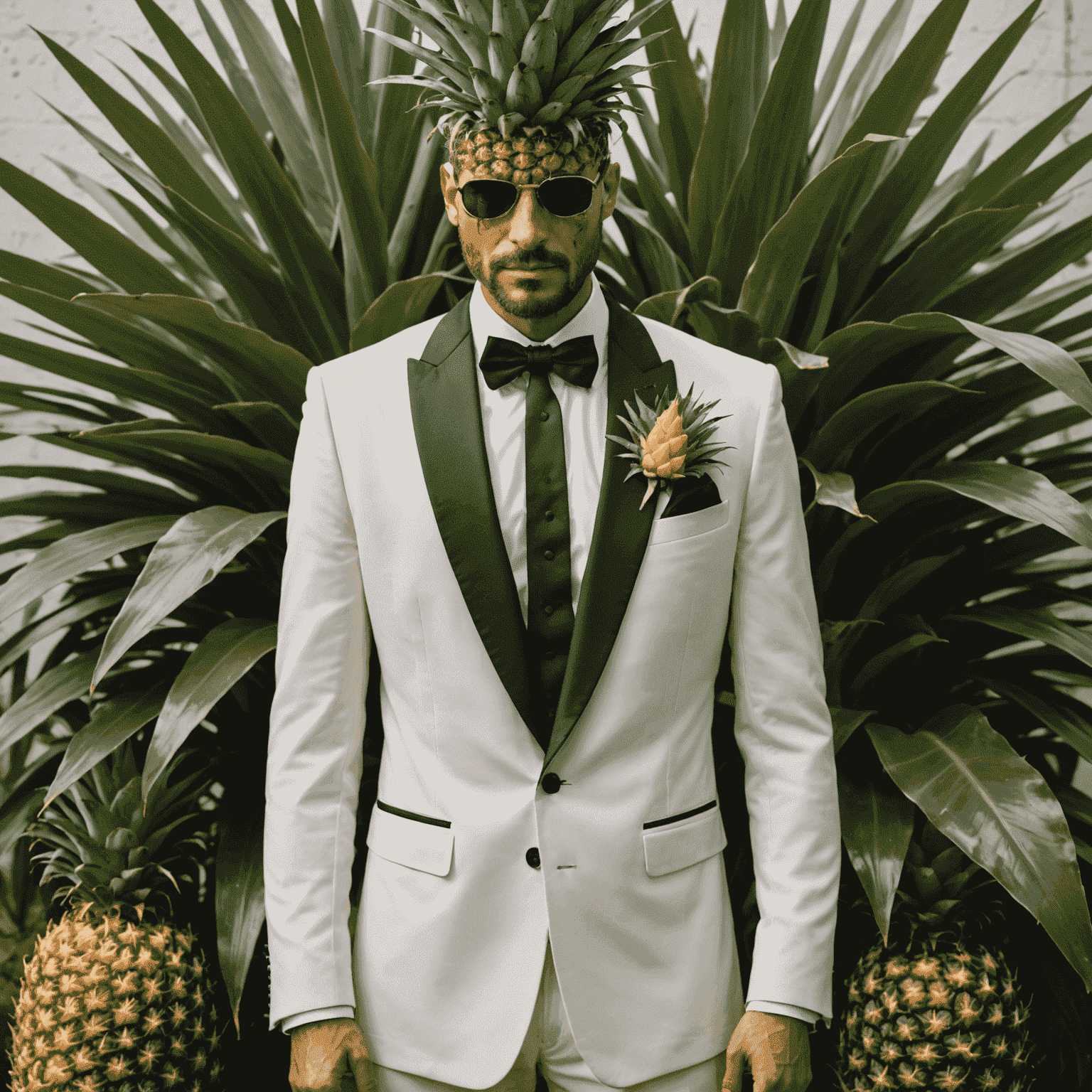 An EcoElegance biodegradable tuxedo displayed next to a vibrant pineapple plant, illustrating the connection between the natural source material and the final luxurious product.