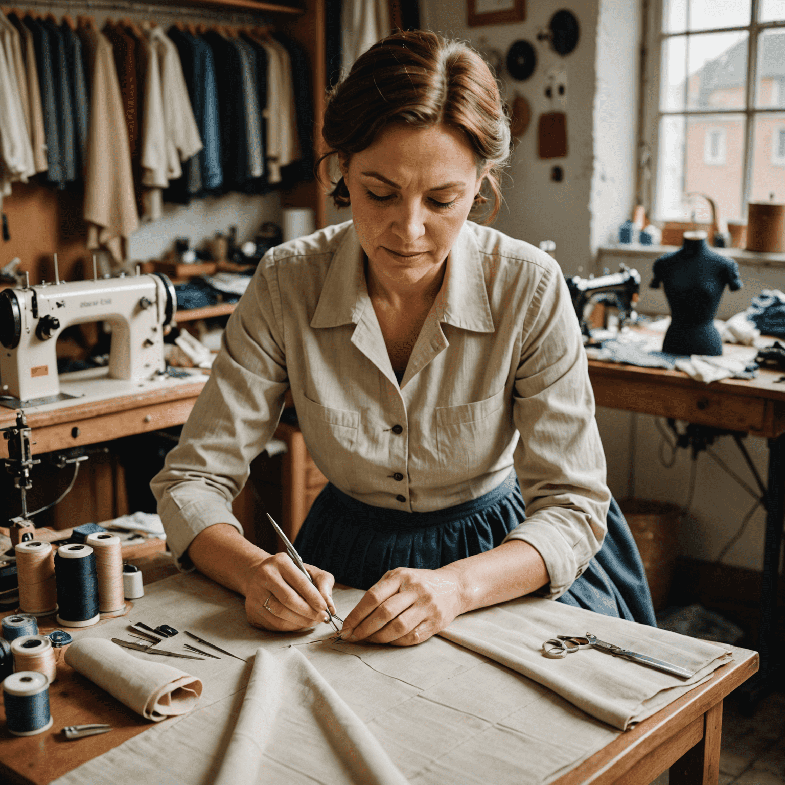 A skilled seamstress working on a designer garment, with various sewing tools and high-end fabrics visible in the background.