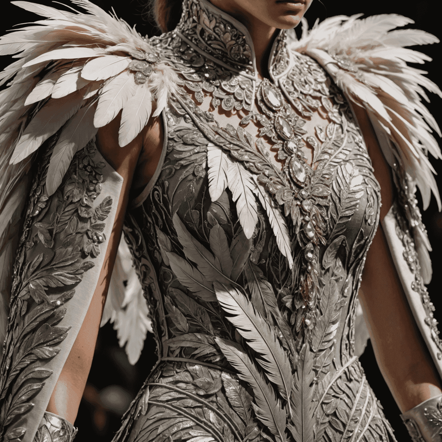 Detail shot of a garment featuring an intricate mix of textures including feathers, metallic threads, and laser-cut fabrics, all in a monochromatic color scheme