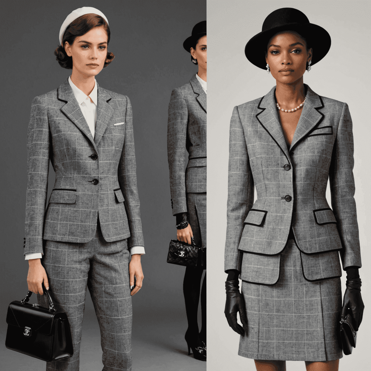 A before-and-after image showing a vintage Chanel suit next to its modern, upcycled counterpart created by VintageVogue. The new design maintains the classic elegance while incorporating trendy elements.